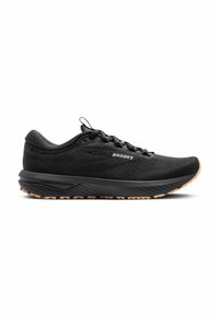 Scarpa da corsa nera con tomaia in mesh traspirante, punta arrotondata e suola ammortizzata. Presenta dettagli testurizzati e una suola in gomma con presa.