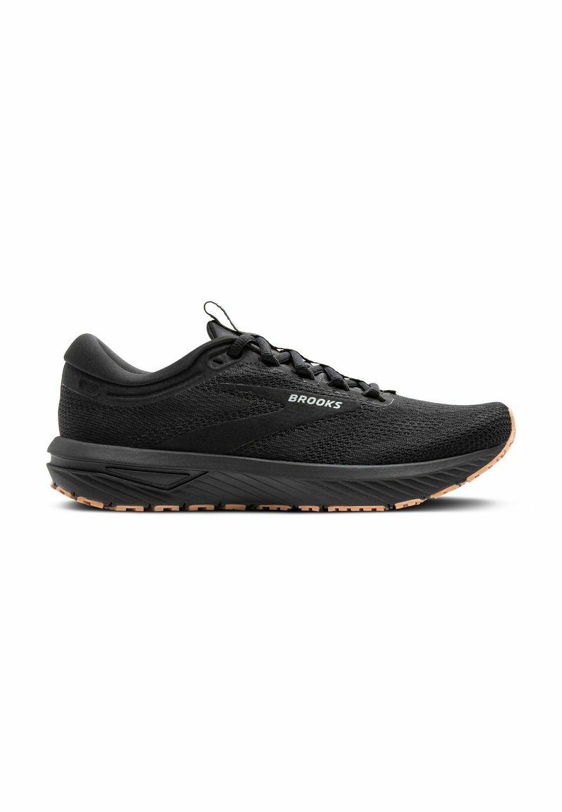 Scarpa da corsa nera con tomaia in mesh traspirante, punta arrotondata e suola ammortizzata. Presenta dettagli testurizzati e una suola in gomma con presa.
