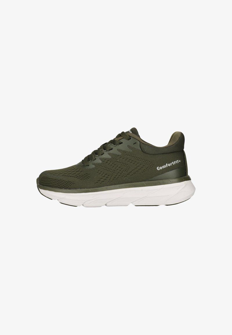 Atmungsaktiver Laufschuh aus olivgrünem Mesh mit schwarzen Schnürsenkeln, weißer gepolsterter Sohle und der Aufschrift "ComfortFIT+" an der Fersenseite.