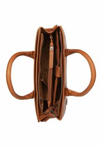 Borsa a tracolla in pelle marrone con manici doppi, numerosi scomparti interni e chiusure a zip. Presenta una texture liscia e un design minimalista.