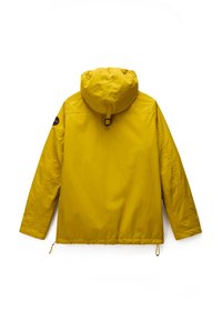 Gelbe Kapuzenjacke mit tailliertem Schnitt, elastischen Bündchen und einem Logo-Patch. Aus glattem, leichtem Material, entworfen für lässige Kleidung und Komfort.