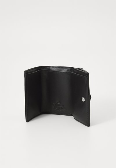Black leather wallet featuring a smooth texture, open design, and a snap closure. Includes multiple card slots and embossed branding detail.