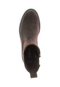 Brown suede ankle boot with elastic side panels and a textured finish; features a pull tab at the back for easy wear.