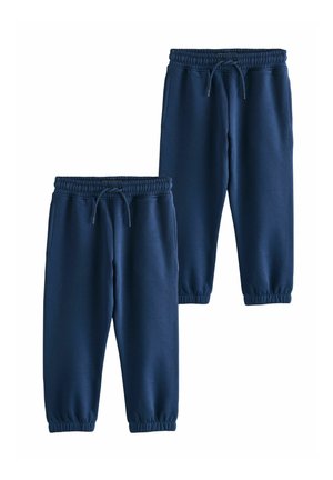 Navy blue sweatpants made of soft fabric, featuring an elastic waistband, drawstring, and elastic cuffs at the ankles.