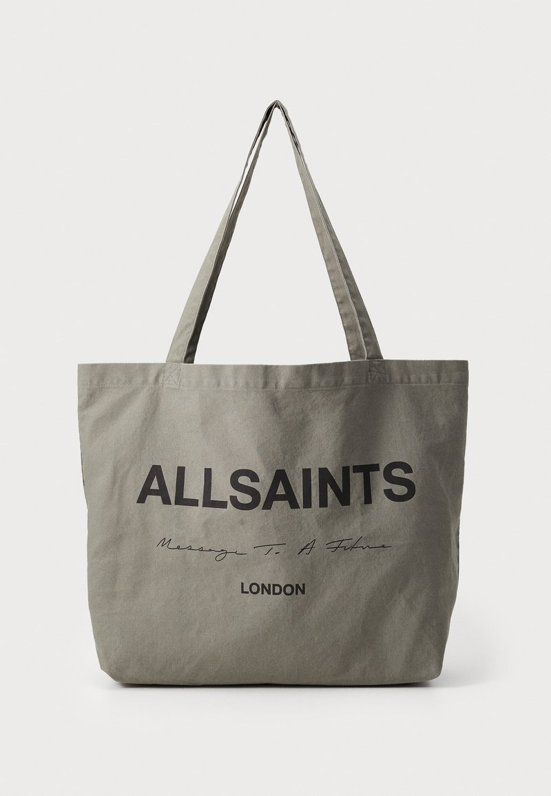 Borsa a tracolla in tela grigia con scritte nere "ALLSAINTS", "Messaggio per un Futuro" e "LONDRA". Dotata di manici in tessuto doppi per il trasporto.