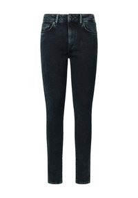 Los jeans skinny de mezclilla negra cuentan con un diseño clásico de cinco bolsillos, cremallera frontal y sutiles detalles de desgaste en la parte delantera.
