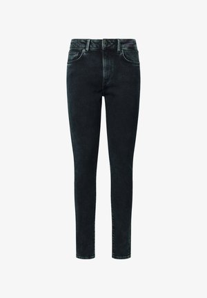 Black denim skinny jeans feature a classic five-pocket design, zip fly, and subtle whiskering details along the front.