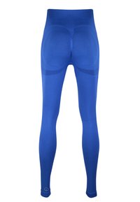 Leggings bleus en tissu extensible, avec une texture lisse, une taille haute et des zones rembourrées à l'arrière pour un soutien et un confort optimal.