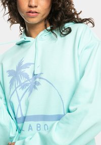 Mintgroene hoodie van zachte stof met een palmboomafbeelding en een gebogen lijn eronder. Inclusief capuchon met trekkoord en een ontspannen pasvorm.