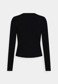 Musta pitkähihainen yläosa, jossa on vartalonmyötäinen malli, pyöreä kaula-aukko ja sileä kangaspinta. Takakuvassa korostuu minimalistinen tyyli.