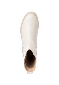 Botín de cuero blanco hasta el tobillo con paneles laterales elásticos, puntera redonda, suela texturizada y interior acolchado. Acabado suave con detalles de diseño mínimos.