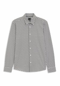 Witte blouse met lange mouwen, voorzien van een zwart geometrisch patroon, een klassieke kraag en een knoopsluiting aan de voorkant. Glad materiaal met een normale pasvorm.