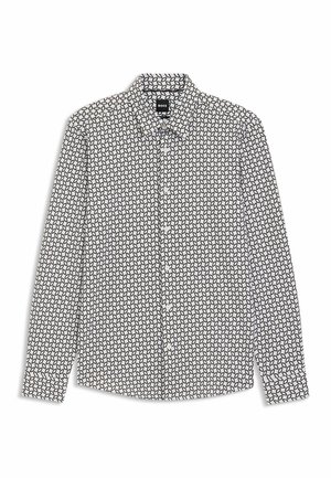 Camicia bianca a maniche lunghe con un motivo geometrico nero, colletto classico e chiusura frontale con bottoni. Tessuto liscio con vestibilità regolare.