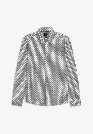 White long-sleeve shirt featuring a black geometric pattern, a classic collar, and button-front closure. Smooth fabric with a regular fit.