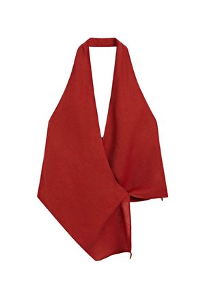 Red linen wrap with a deep V-neck design. Lightweight, textured fabric drapes asymmetrically, featuring a raw edge finish.