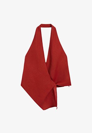 Czerwony lniany szal o głębokim dekolcie w kształcie V. Lekki materiał o teksturowanej strukturze asymetrycznie opada, zakończony surowym brzegiem.