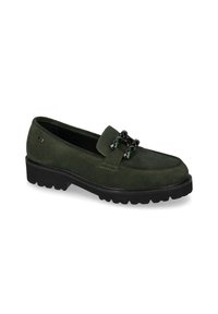 Mocassino in suede verde scuro con suola nera spessa e dettaglio decorativo a catena verde e nera sulla parte superiore.