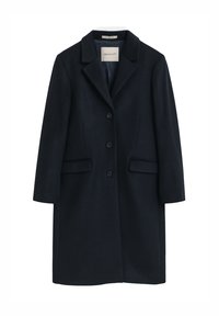 Dark navy blue long wool coat with three black buttons, notched collar, and two front flap pockets, labeled GANT.