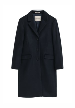 Dark navy blue long wool coat with three black buttons, notched collar, and two front flap pockets, labeled GANT.