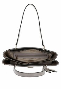 Sac à main en cuir gris avec des accents noirs, offrant un intérieur spacieux ouvert, une poche zippée et une petite poignée. Marquage visible à l'intérieur.