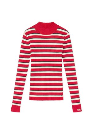 Suéter de punto acanalado de manga larga con rayas horizontales rojas, negras y blancas, con un cuello alto y el texto "PEPE JEANS" en una de las mangas.