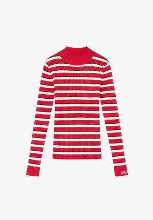 Suéter de punto acanalado de manga larga con rayas horizontales rojas, negras y blancas, con un cuello alto y el texto "PEPE JEANS" en una de las mangas.