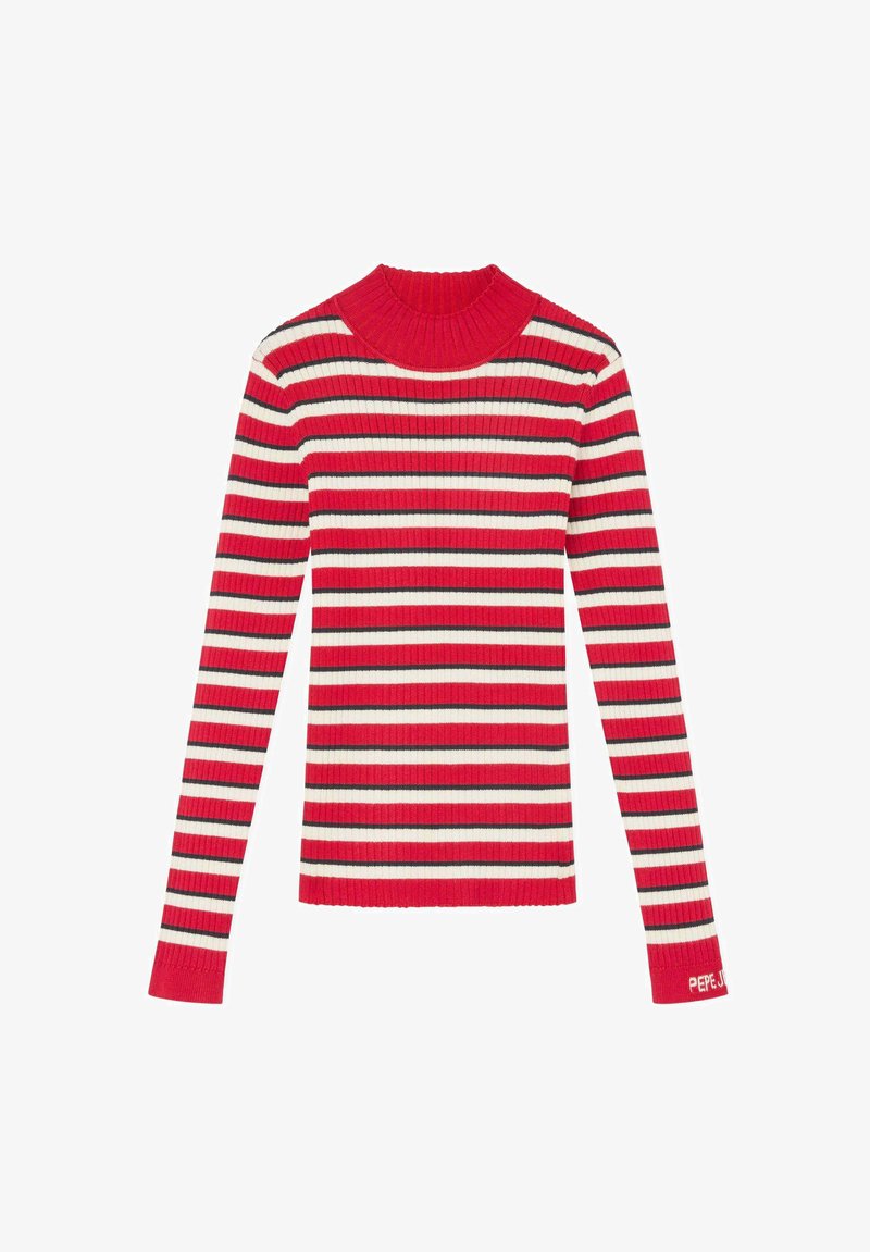 Suéter de punto acanalado de manga larga con rayas horizontales rojas, negras y blancas, con un cuello alto y el texto "PEPE JEANS" en una de las mangas.