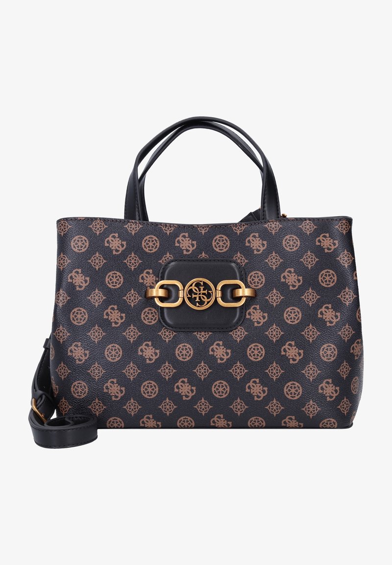Sac à main noir et marron à motif avec poignées doubles sur le dessus, boucle dorée ornée d'initiales entrelacées et bandoulière réglable.