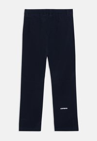 Pantalon bleu marine en tissu doux, avec une coupe droite, une taille élastique et un petit logo blanc en bas de la jambe gauche.