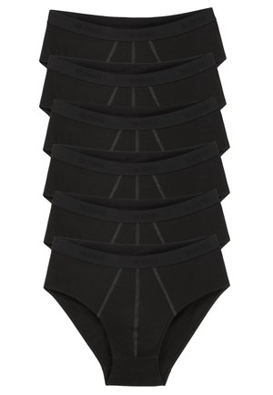 Zwart katoenen ondergoedset met een gladde tailleband, contrasterende stiksels en een klassieke slipuitvoering, gerangschikt in een gestapeld ontwerp.