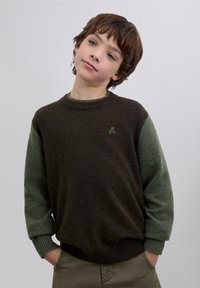 Tummanruskea neulepaita vihreillä hihoilla, resorilla varustetulla pääntiellä ja helmalla, jossa on pieni vihreä kallo-logo rinnassa. Pehmeä rakenne.