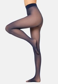 Dunkelmarineblaue, blickdichte Strumpfhosen mit glatter Textur, hohem Bund und schlankem Design. Verfügen über eine formende Oberseite und nahtlosen Abschluss.