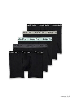 Fem sorte boxershorts med elastiske linninger i forskellige farver, hver med Calvin Klein-logo på linningen.