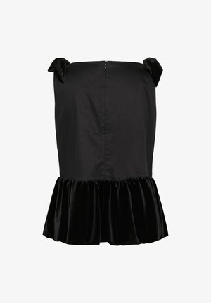 Juodas peplum stilius viršus su lygios medžiagos kūnu, aksominio nėriniuoto apvadu ir kaspino detalėmis ant pečių. Matomas užtrauktukas nugaroje.