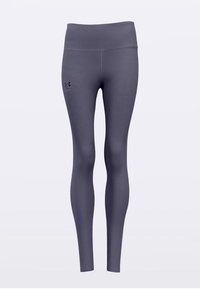 Šedé legíny s hladkou textúrou, vysokým pásom a malým čiernym logom na ľavej strane. Priliehavý strih, vhodné na športové použitie.