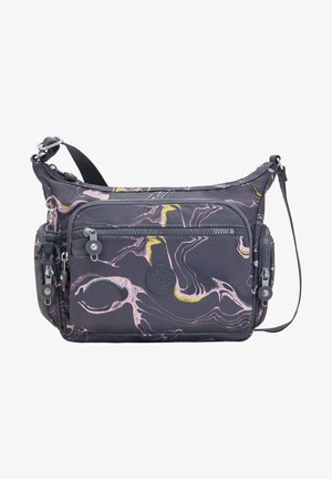 Sac bandoulière en tissu noir et rose à motifs, doté de multiples compartiments zippés, d'une sangle réglable et d'un détail logo.
