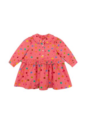 Roze lange mouwjurk met een gerimpelde kraag, met meerkleurige stippenpatronen, knoopsluiting aan de voorkant en een gathered taille voor een vollere rok.