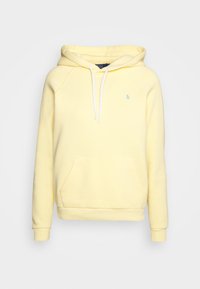 Gul huvtröja i mjukt material, med en frampock, ribbade muddar och huva med dragsko. Broderad logotyp på bröstet.