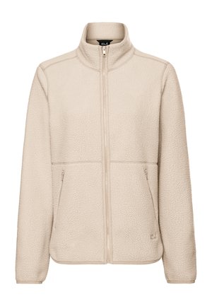 Veste en polaire beige avec un col montant, une fermeture éclair, deux poches latérales et un tissu texturé pour la chaleur et le confort.