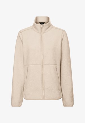 Veste en polaire beige avec un col montant, une fermeture éclair, deux poches latérales et un tissu texturé pour la chaleur et le confort.