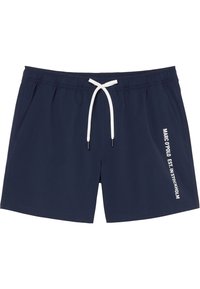 Pantaloni da nuoto blu navy con cordino bianco, tasche laterali e testo stampato sulla gamba sinistra. Realizzati in un tessuto leggero e a asciugatura rapida.