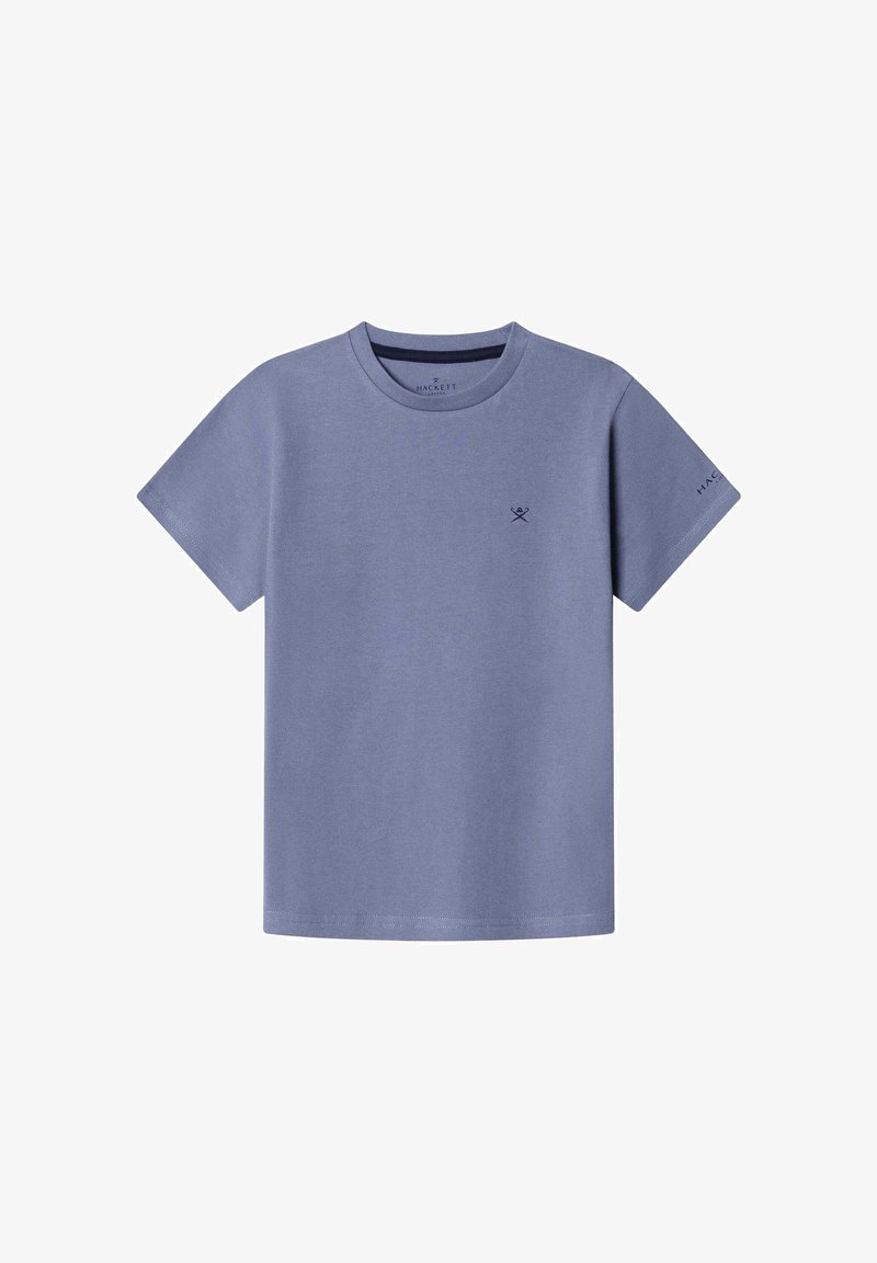 T-shirt bleu clair à manches courtes en coton doux. Présente un col rond et un logo minimaliste sur la poitrine. Design uni sans motifs.