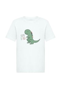 Balts kokvilnas T-krekls ar karikatūras zaļu dinozauru, kura mugurā ir krāšņas dzeltens, oranžs un rozā muguras spīles, un tekstu "SIMPATISKS DINO" rotaļīgā fontā.