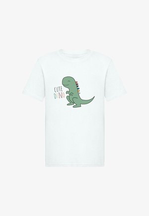 Biała bawełniana koszulka z grafikiem zielonego dinozaura z kolorowymi kolcami oraz napisem "SŁODKI DINO" w zabawnym kroju pisma.
