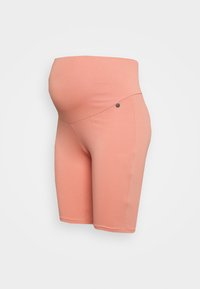 Calças de maternidade em tecido rosa suave, com uma cintura alta para suporte, textura lisa e um detalhe discreto lateral perto da cintura.