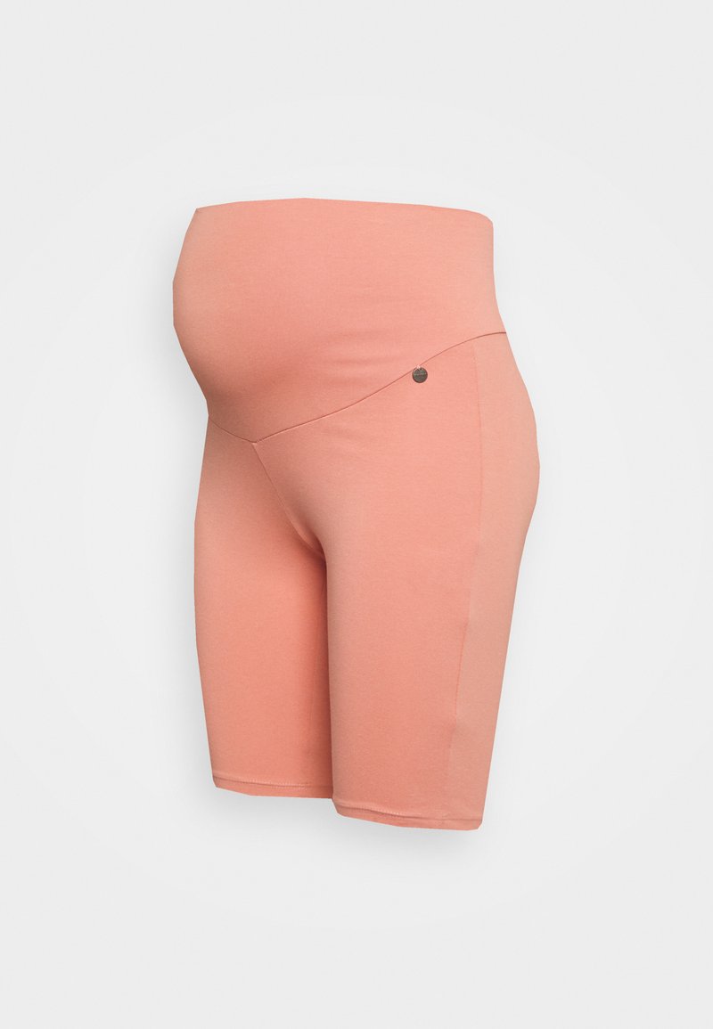 Calças de maternidade em tecido rosa suave, com uma cintura alta para suporte, textura lisa e um detalhe discreto lateral perto da cintura.