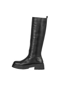 Czarne skórzane botki do kolan o gładkiej fakturze, zaokrąglonym nosku i trwałej gumowej podeszwie. Posiadają pętlę u góry dla łatwego zakładania.
