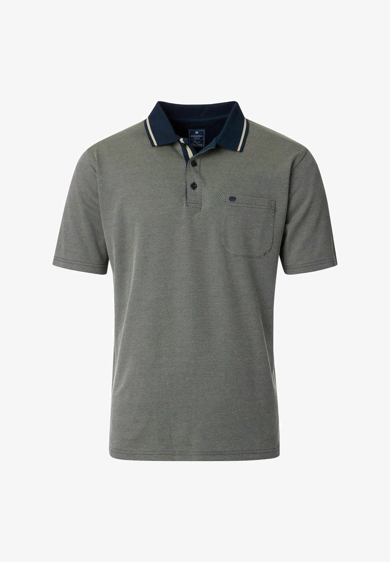 Grau gemustertes Poloshirt mit marineblauem Kragen, Zwei-Knopf-Leiste und kleiner Brusttasche auf der linken Seite. Hat weiße Streifen an den Kanten des Kragens.