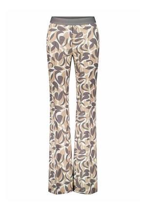 Beige en taupe wijde broek met hoge taille, abstract bladmotief en elastische tailleband.