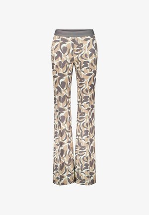 Beige und taupeweite Hosen mit hoher Taille, abstraktem Blattmuster und elastischem Bund.